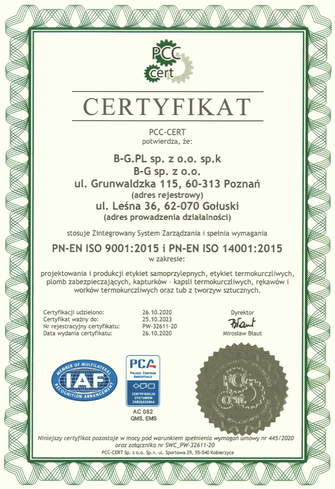 ISO 9001:2015 14001:2015 CERTYFIKAT OPAKOWANIA